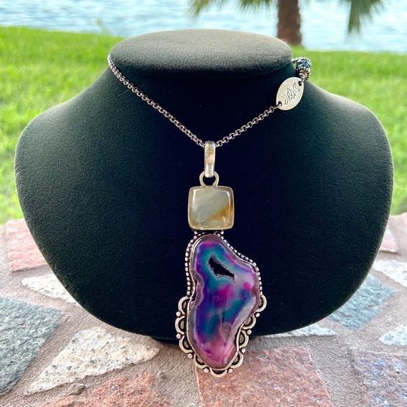 925 Sterling silver purple pink agate necklace - Picture 7 of 9